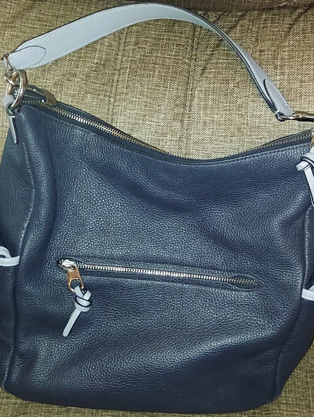 Coach Navy Pebbled Pennie Leather Shoulder Bag with Light Blue Trim C5673